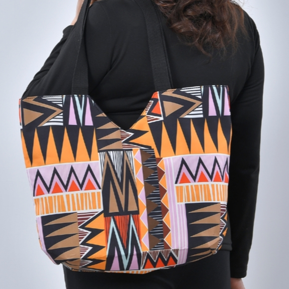 Multi Color Triangular Geometric Pattern Tote Bag with Handle Drop - Picture 3 of 7